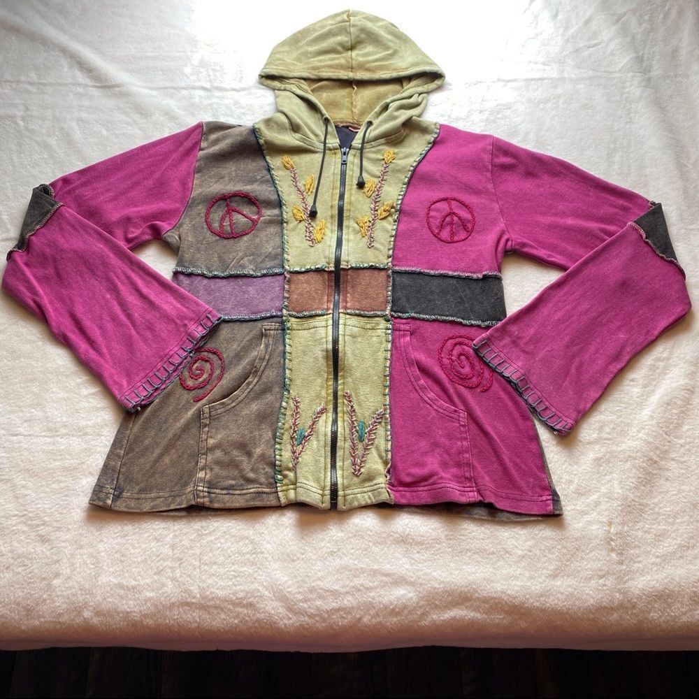 Made in Nepal 100% Cotton Hooded Hippy Style Jacket Size XL